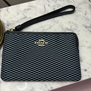 Coach Dark and Light Blue Woven Wristlet with Gold Logo and Legacy Pattern